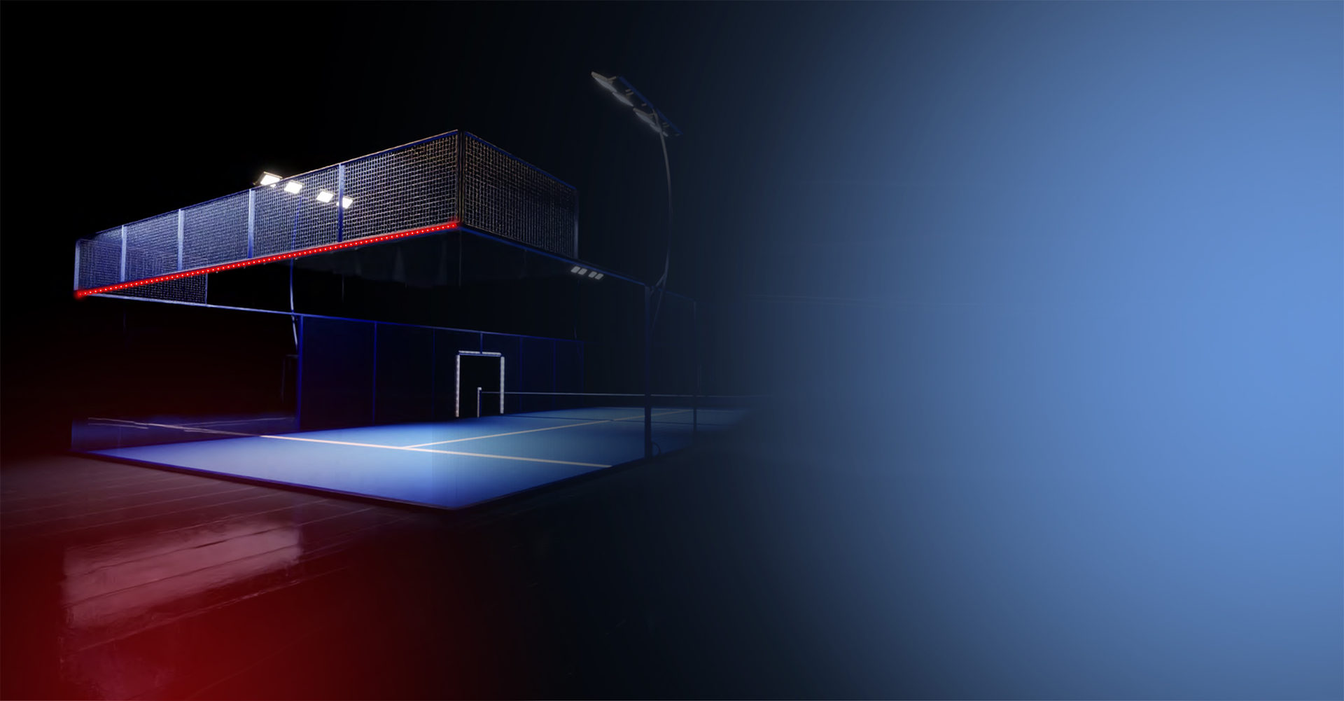 Padelbaan met Reddpoint-lijntechnologie langs de bovenrand van de kooi